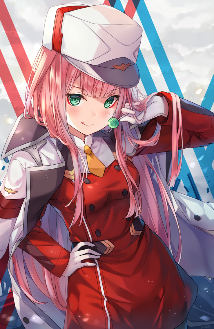 :q arm_up bangs blush breasts candy closed_mouth commentary darling_in_the_franxx dress eyebrows_visible_through_hair food gloves green_eyes hand_on_hip hat hitsukuya holding holding_lollipop horns jacket jacket_on_shoulders licking_lips lollipop long_hair long_sleeves looking_at_viewer medium_breasts military military_uniform necktie orange_neckwear pantyhose pink_hair red_dress short_necktie sketch smile solo tongue tongue_out uniform very_long_hair white_gloves white_hat white_jacket zero_two_(darling_in_the_franxx)