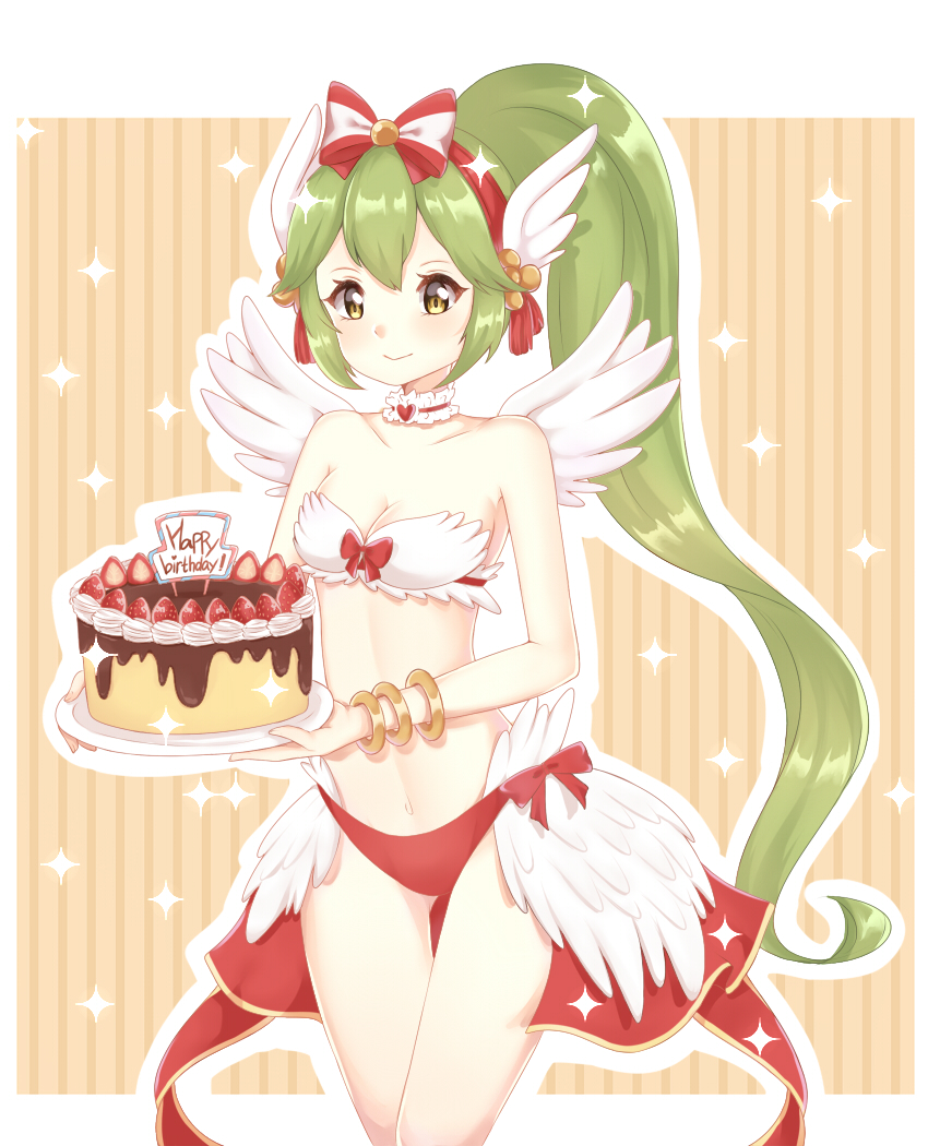 bangs bare_shoulders bikini_bottom blush bow breasts brown_eyes cake cleavage closed_mouth collarbone commentary_request eyebrows_visible_through_hair feathered_wings food green_hair hair_between_eyes hairband happy_birthday head_wings high_ponytail holding holding_plate light_(luxiao_deng) long_hair looking_at_viewer medium_breasts navel plate ponytail ragnarok_online red_bikini_bottom red_hairband sidelocks smile solo sparkle striped striped_bow vertical_stripes very_long_hair wanderer white_wings wings