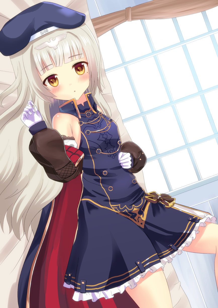 :o azur_lane bangs bare_shoulders beret blue_cape blue_dress blue_hat blunt_bangs blush breasts brown_eyes cape character_name commentary_request curtains detached_sleeves dress dutch_angle eyebrows_visible_through_hair gloves hat highres indoors light_brown_hair long_hair long_sleeves looking_at_viewer looking_to_the_side lying mole mole_under_eye multicolored multicolored_cape multicolored_clothes neu_(frameice) on_back on_bed parted_lips puffy_long_sleeves puffy_sleeves red_cape sleeveless sleeveless_dress small_breasts solo very_long_hair white_gloves window z46_(azur_lane)