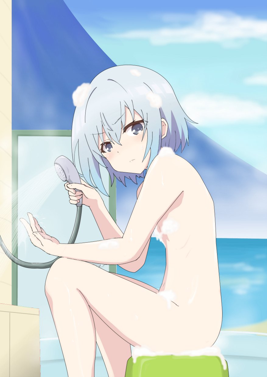 &gt;:( bangs bath_stool blue_eyes blue_hair blue_sky blush cloud convenient_censoring day eyebrows_visible_through_hair feet_out_of_frame flat_chest from_side gobanme_no_mayoi_neko highres holding horizon looking_at_viewer looking_to_the_side nude ocean ryuuou_no_oshigoto! shiny shiny_skin short_hair shower_head sky soap_bubbles soap_censor solo sora_ginko stool sweatdrop v-shaped_eyebrows water
