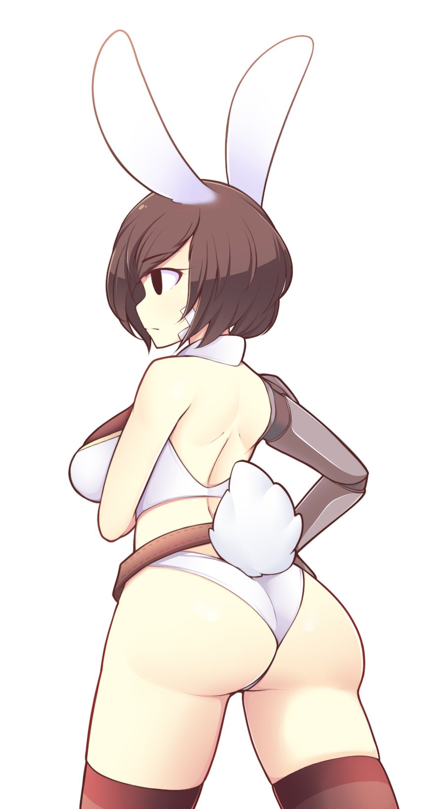 animal_ears ass back black_legwear bra breasts brown_hair bunny_ears bunny_tail fizintine highres large_breasts mechanical_arm original panties short_hair solo strapless strapless_bra tail underwear white_background white_bra white_panties