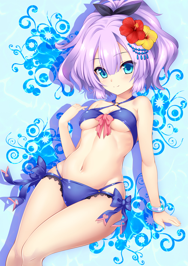 azur_lane bare_arms bare_legs bare_shoulders black_ribbon blue_background blue_bow blue_eyes bow bracelet breasts commentary_request criss-cross_halter eyebrows_visible_through_hair feet_out_of_frame flower hair_between_eyes hair_flower hair_ornament hair_ribbon halterneck hijikawa_arashi javelin_(azur_lane) jewelry looking_at_viewer midriff navel o-ring o-ring_bikini pink_bow ponytail purple_hair red_flower ribbon short_hair simple_background small_breasts smile solo swimsuit underboob yellow_flower