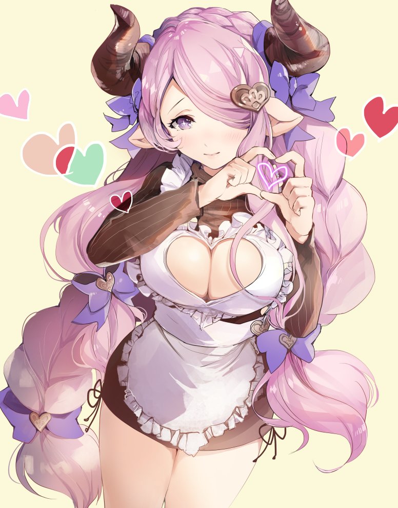 1girl apron bangs blush bow braid breasts brown_dress cleavage cleavage_cutout closed_mouth cowboy_shot draph dress frilled_apron frills granblue_fantasy hair_bow hair_ornament heart heart_hair_ornament heart_hands horns large_breasts long_hair long_sleeves looking_at_viewer narmaya_(granblue_fantasy) pink_hair pointy_ears purple_eyes sakuragi_kei shiny shiny_hair simple_background smile solo standing striped sweater sweater_dress swept_bangs thighs twin_braids vertical-striped_dress vertical_stripes very_long_hair white_apron yellow_background