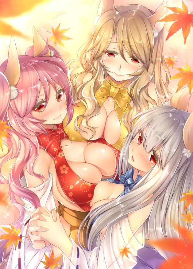 albino animal_ears asymmetrical_docking blue_bow bow breast_press breasts brown_hair cleavage closed_mouth detached_sleeves floral_print fox_ears hair_between_eyes holding_hands large_breasts leaf long_hair looking_at_viewer maple_leaf mia_(gute-nacht-07) mole mole_under_eye multiple_girls original pink_hair red_bow red_eyes silver_hair smile upper_body yellow_bow