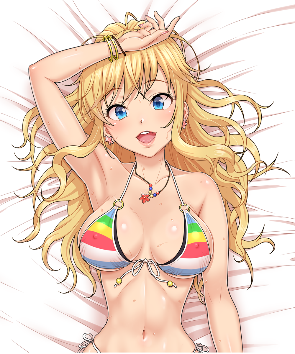 :d arm_up armpits bangle bangs bare_arms bare_shoulders bed_sheet bikini blonde_hair blue_eyes blue_shorts blush bracelet breasts cleavage close-up covered_nipples cropped dakimakura earrings eyebrows_visible_through_hair from_above front-tie_bikini front-tie_top hand_on_own_head highres idolmaster idolmaster_cinderella_girls jewelry large_breasts long_hair looking_at_viewer lying multicolored multicolored_bikini_top multicolored_clothes nail_polish navel necklace nigou on_back ootsuki_yui open_mouth pink_nails ribbon shorts side-tie_bikini smile solo stomach swimsuit wavy_hair white_ribbon