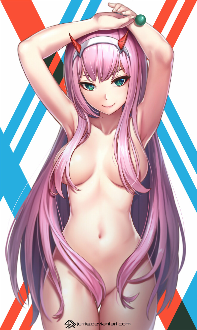 armpits arms_up artist_name bangs blush breasts breasts_apart candy closed_mouth collarbone convenient_censoring cowboy_shot darling_in_the_franxx fingernails food green_eyes groin hair_censor hair_over_breasts hair_over_crotch hairband holding holding_food horns jurrig lollipop long_hair looking_at_viewer medium_breasts navel nude pink_hair revision shiny shiny_hair smile solo standing stomach thigh_gap very_long_hair watermark web_address zero_two_(darling_in_the_franxx)