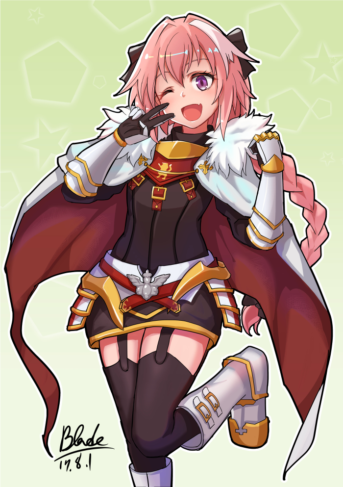 ;d armor astolfo_(fate) bangs black_bow black_gloves black_legwear black_ribbon black_shirt boots bow braid buckle clenched_hand cloak commentary_request cross dated fang fate/apocrypha fate_(series) faulds fur_collar garter_straps gauntlets gloves gradient gradient_background green_background hair_between_eyes hair_bow hair_ribbon hands_up knee_boots leg_up long_hair long_sleeves looking_at_viewer male_focus multicolored_hair one_eye_closed open_mouth otoko_no_ko pentagon_(shape) pink_hair purple_eyes qblade red_cloak ribbon shiny shiny_hair shirt signature single_braid smile solo standing standing_on_one_leg star starry_background streaked_hair tareme thighhighs v very_long_hair white_background white_cloak white_footwear white_hair