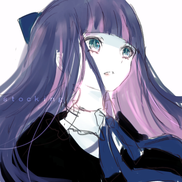 blue_eyes bow character_name gothic_lolita hair_bow lolita_fashion long_hair lost-6s10 multicolored_hair panty_&amp;_stocking_with_garterbelt parted_lips pink_hair purple_hair ribbon solo stocking_(psg) two-tone_hair