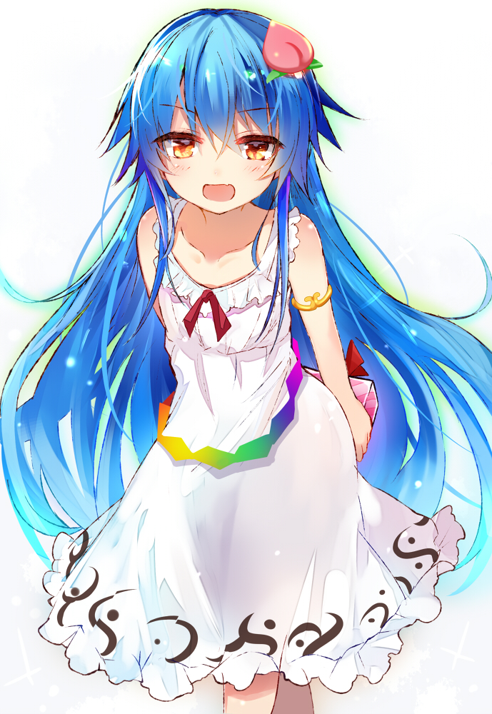 alternate_costume armlet bare_arms bare_shoulders behind_back blue_hair blush box collarbone commentary_request crossed_legs dress efe eyebrows_visible_through_hair feet_out_of_frame food_themed_hair_ornament hair_ornament hinanawi_tenshi holding long_hair looking_at_viewer no_hat no_headwear open_mouth peach_hair_ornament red_eyes red_ribbon ribbon sidelocks simple_background sleeveless sleeveless_dress solo standing touhou very_long_hair white_background white_dress