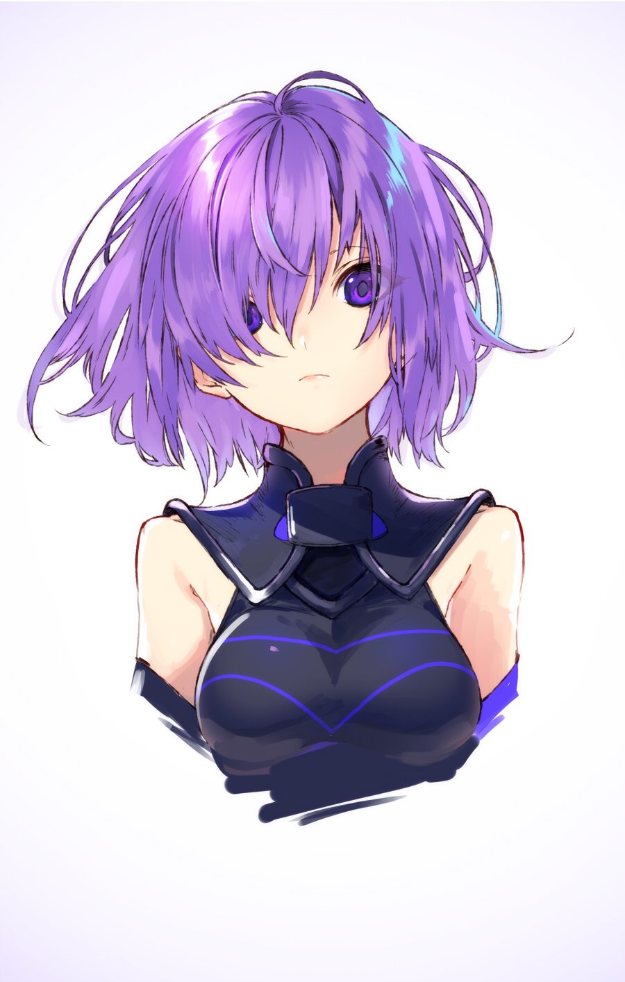 alternate_hair_color armor bangs bare_shoulders black_armor breasts closed_mouth commentary cropped_torso detached_sleeves expressionless eyes_visible_through_hair fate/grand_order fate_(series) floating_hair hair_between_eyes hair_over_one_eye head_tilt highres kuwashima_rein looking_at_viewer mash_kyrielight medium_breasts purple_eyes shiny shiny_hair short_hair sleeveless solo upper_body white_background