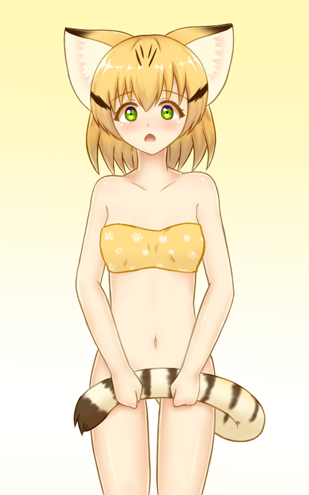 animal_ears bad_id bad_pixiv_id blonde_hair bottomless bra cat_ears cat_tail collarbone commentary_request covering covering_crotch eyebrows_visible_through_hair green_eyes highres holding_tail kemono_friends navel no_panties open_mouth print_bra sand_cat_(kemono_friends) shiraha_maru short_hair standing strapless strapless_bra striped_tail tail underwear