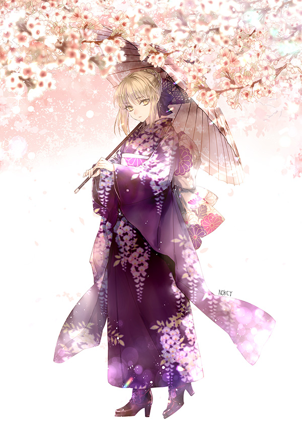 artoria_pendragon_(all) blonde_hair braided_bun commentary eyebrows_visible_through_hair fate/stay_night fate_(series) floral_print flower full_body furisode hachini high_heels holding holding_umbrella japanese_clothes kimono looking_at_viewer oriental_umbrella pink_flower purple_kimono saber_alter sidelocks solo standing tied_hair umbrella yellow_eyes