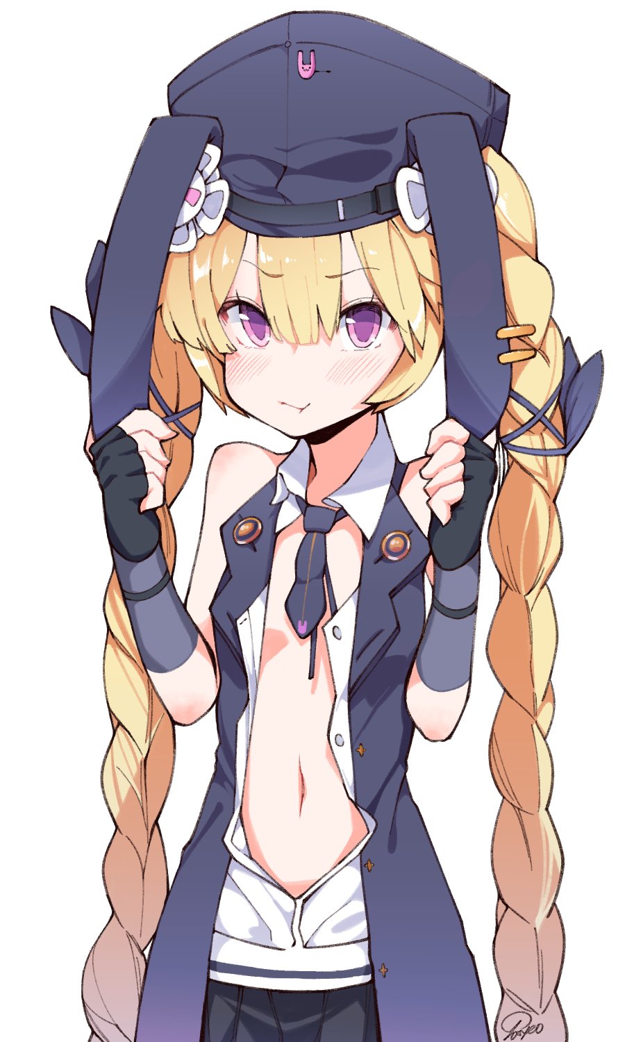 animal_ears artist_name black_gloves black_neckwear blonde_hair braid bunny_ears cowboy_shot ears_down elbow_gloves eyebrows_visible_through_hair fake_animal_ears fingerless_gloves girls_frontline gloves hair_ribbon hat highres holding_ears jacket long_hair navel necktie no_bra open_clothes pout purple_eyes ribbon signature simple_background skirt sleeveless solo sr-3mp_(girls_frontline) tied_hair tosyeo twin_braids unbuttoned very_long_hair white_background