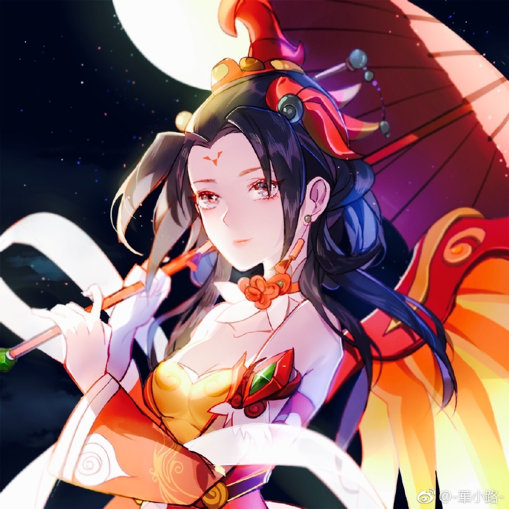 alternate_costume alternate_hair_color alternate_hairstyle black_hair breasts chinese_clothes cleavage detached_sleeves facial_mark forehead_mark full_moon hagoromo hair_ornament medium_breasts mercy_(overwatch) moon oriental_umbrella overwatch road_233 shawl smile solo umbrella upper_body wide_sleeves zhuque_mercy