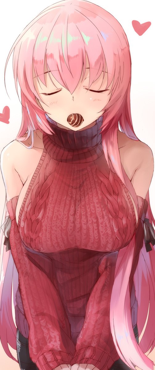 alternate_costume arm_warmers bare_shoulders black_ribbon breasts chocolate closed_eyes commentary_request cowboy_shot daidou_(demitasse) heart highres incoming_kiss large_breasts long_hair megurine_luka meme_attire no_bra pink_hair red_sweater ribbon solo sweater turtleneck virgin_killer_sweater vocaloid
