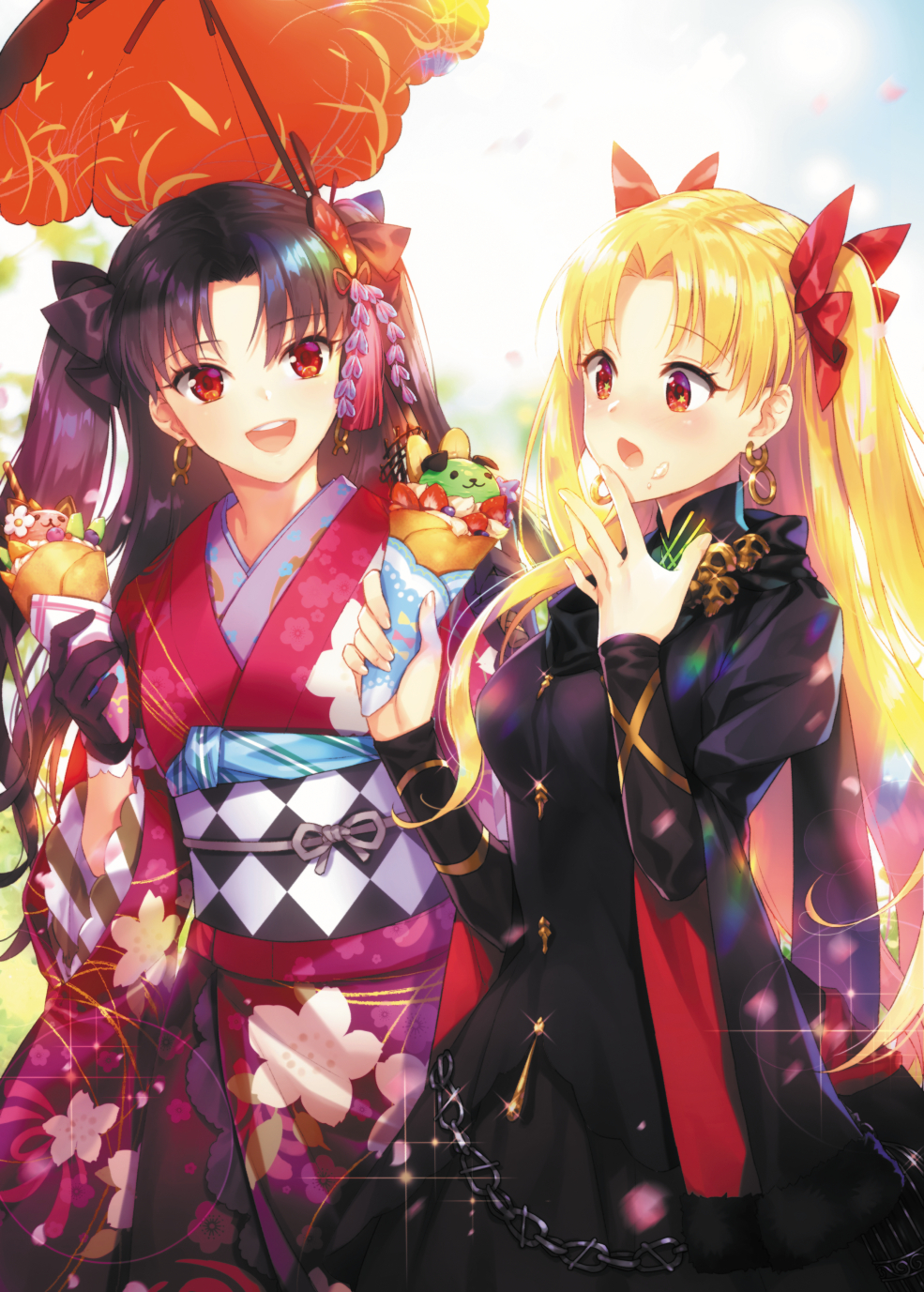 :d :o black_dress black_hair blonde_hair blush commentary_request demmy dress earrings ereshkigal_(fate/grand_order) fate/grand_order fate_(series) floral_print hair_ribbon highres ice_cream_cone ishtar_(fate/grand_order) japanese_clothes jewelry kimono long_hair multiple_girls open_mouth red_eyes ribbon siblings sisters smile two_side_up umbrella
