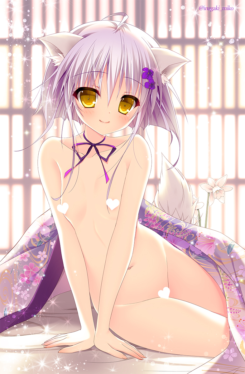 ahoge animal_ears arm_support backlighting bangs bed_sheet blanket blurry blurry_background blush breasts censored closed_mouth collarbone depth_of_field dog_ears dog_tail eyebrows_visible_through_hair eyelashes floral_print flower groin hair_flower hair_ornament heart heart_censor highres inagaki_miiko looking_at_viewer navel neck_ribbon nipple_censor nude on_bed original pink_ribbon reclining ribbon short_hair silver_hair small_breasts smile solo sparkle stomach tail tareme twitter_username under_covers white_flower yellow_eyes