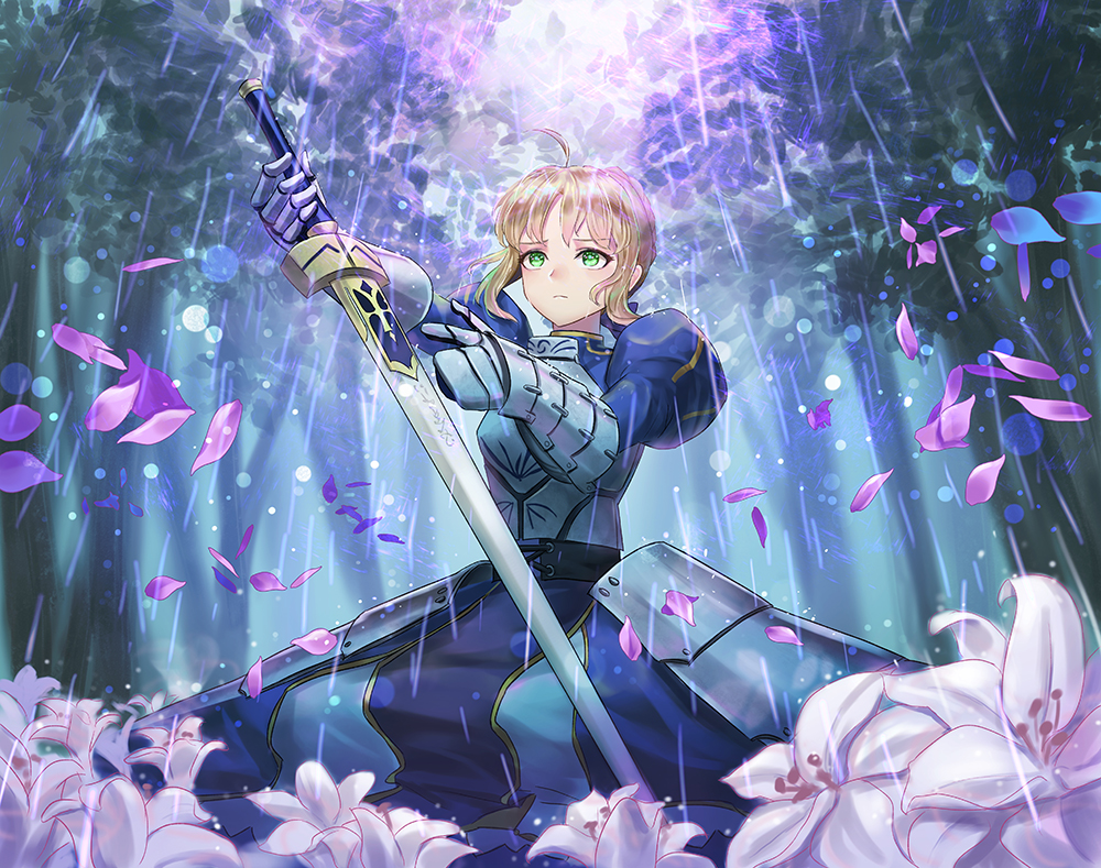 ahoge armor armored_dress artoria_pendragon_(all) blonde_hair blue_dress dress excalibur fate/stay_night fate_(series) flower forest gauntlets green_eyes holding holding_sword holding_weapon kankito kneeling nature outdoors petals rain saber sidelocks solo sword tied_hair tree weapon white_flower