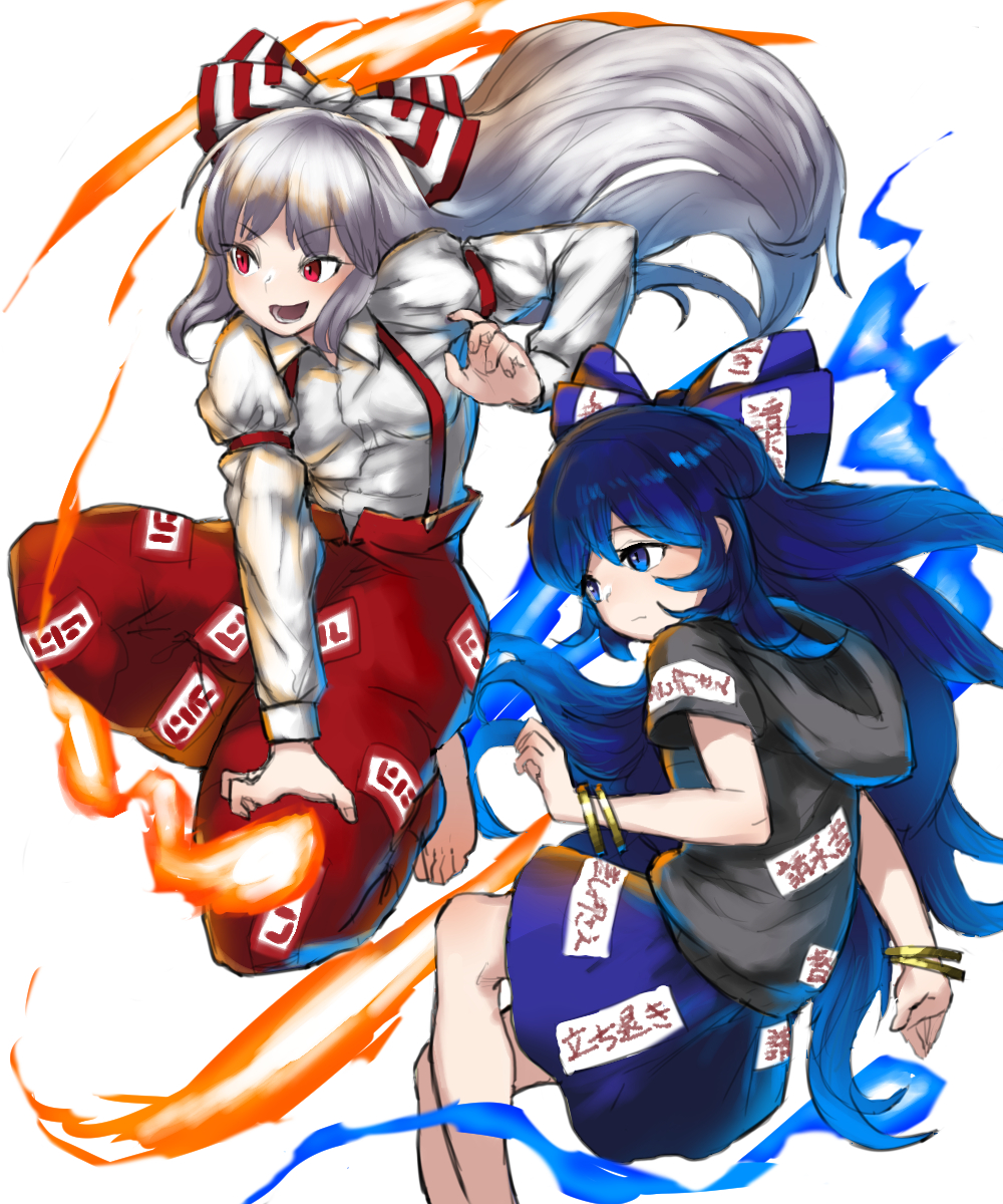 :d arm_at_side baggy_pants bangle bangs bare_arms bare_legs barefoot black_hoodie blue_bow blue_eyes blue_hair blue_skirt bow bracelet closed_mouth collared_shirt commentary debt eyebrows_visible_through_hair fire fujiwara_no_mokou hair_bow hand_up highres hood hood_down hoodie jewelry long_hair long_sleeves looking_to_the_side matinmorgen multicolored_bow multiple_girls ofuda ofuda_on_clothes open_mouth outstretched_arm pants red_bow red_eyes red_pants shirt short_sleeves silver_hair simple_background skirt smile suspenders touhou v-shaped_eyebrows very_long_hair white_background white_bow white_shirt yorigami_shion