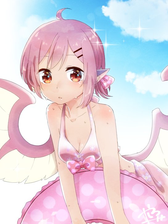 abe_suke ahoge animal_ears bangs bare_arms bird_wings bow breasts brown_eyes brown_hair cleavage cloud commentary_request day eyebrows_visible_through_hair holding innertube leaning_forward looking_at_viewer mystia_lorelei outdoors parted_lips pink_bikini_top pink_bow pink_hair polka_dot polka_dot_bow sarong signature small_breasts solo sparkle sweat tan touhou upper_body wings