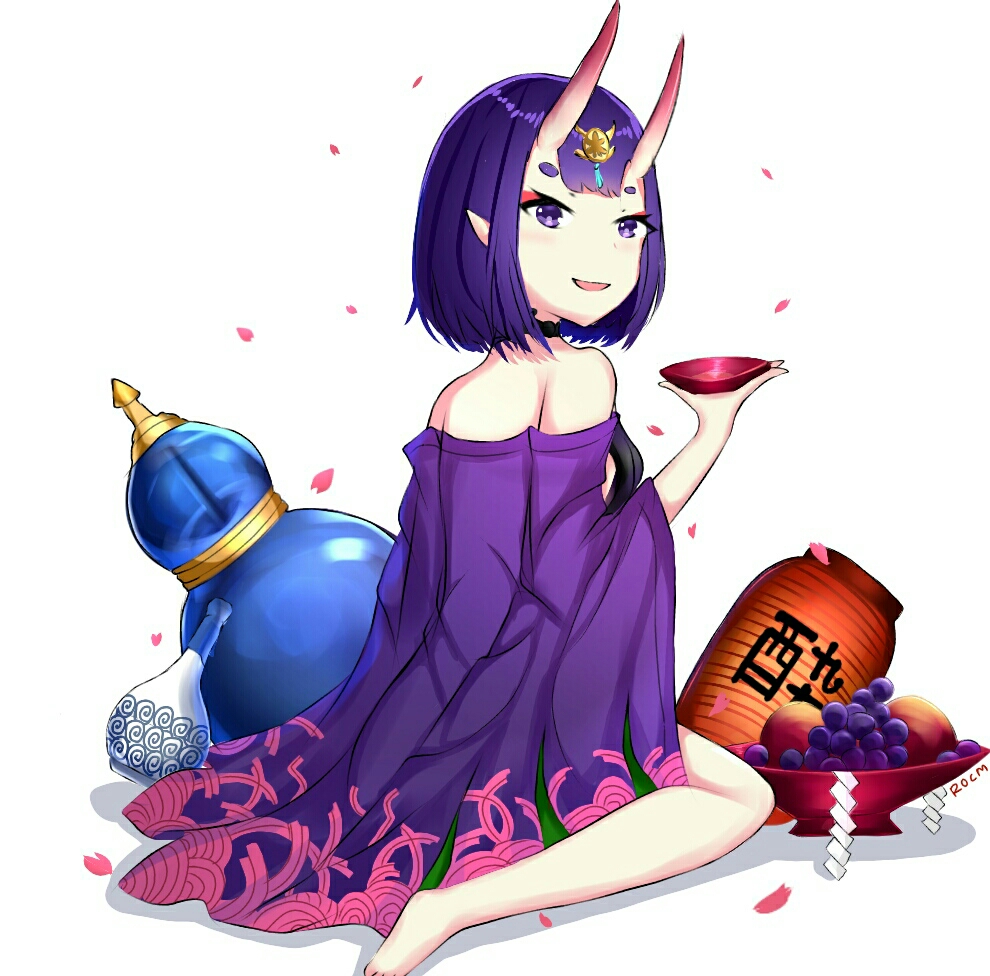 :d bangs bare_shoulders barefoot blush breasts cup fate/grand_order fate_(series) food fruit gourd grapes hair_ornament holding horns lantern looking_at_viewer looking_to_the_side off_shoulder oni oni_horns open_mouth paper_lantern petals pointy_ears purple_eyes purple_hair rocm_(nkkf3785) sakazuki shide short_hair shuten_douji_(fate/grand_order) simple_background sitting small_breasts smile solo wariza white_background
