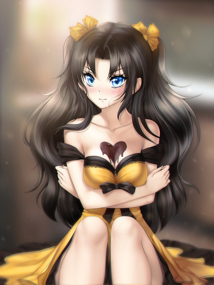bare_legs bare_shoulders black_hair black_ribbon blue_eyes blurry blurry_background blush breasts chocolate chocolate_heart chocolate_on_breasts cleavage closed_mouth collar dress feet_out_of_frame gigamessy hair_ribbon heart long_hair looking_at_viewer medium_breasts off-shoulder_dress off_shoulder original ribbon self_hug sitting solo two_side_up very_long_hair yellow_dress yellow_ribbon