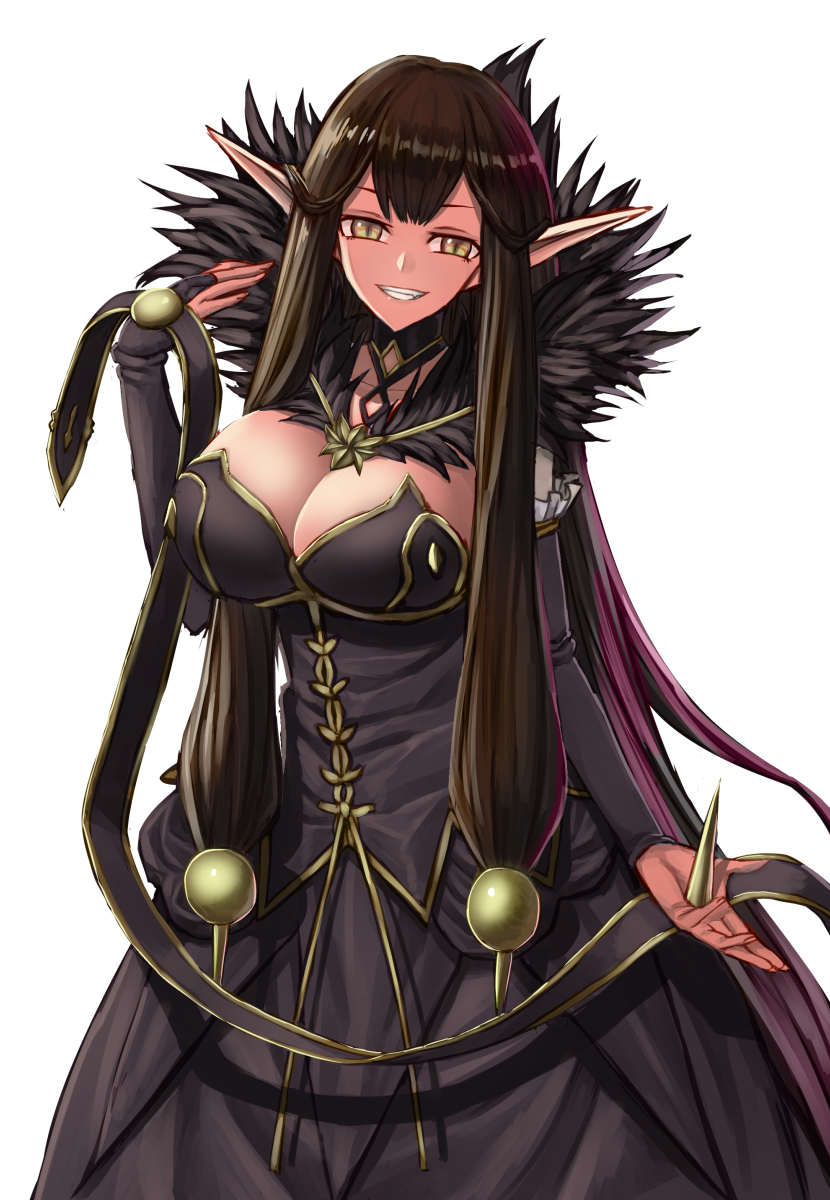 arisku black_hair breasts bridal_gauntlets cleavage elbow_gloves fate/apocrypha fate_(series) fur_trim gloves grin highres huge_breasts long_hair looking_at_viewer pointy_ears semiramis_(fate) smile solo spikes very_long_hair yellow_eyes