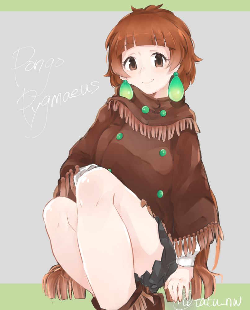 artist_name brown_eyes brown_hair earrings grey_background jewelry kemono_friends long_hair orangutan_(kemono_friends) poncho scientific_name signature simple_background sitting solo tatsuno_newo twitter_username