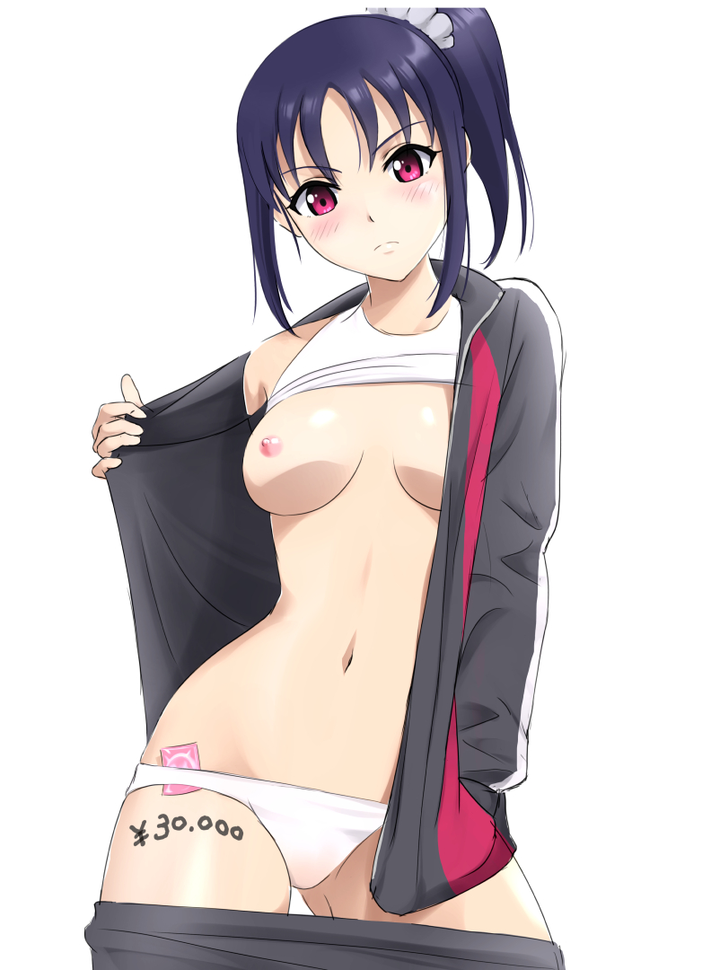 bangs blue_hair blush body_writing bra bra_lift breasts comugico condom condom_in_clothes condom_wrapper cowboy_shot frown hand_in_pocket kazuno_sarah long_sleeves love_live! love_live!_sunshine!! medium_breasts navel nipples panties pants_down prostitution purple_eyes side_ponytail sidelocks simple_background solo sports_bra track_suit underwear v-shaped_eyebrows white_background white_bra white_panties
