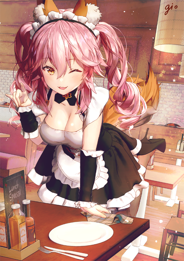 ;d animal_ears apron artist_name black_footwear blush breasts brown_eyes chair cleavage detached_collar detached_sleeves fate/extella fate/extra fate_(series) fork fox_ears fox_shadow_puppet fox_tail frilled_hairband frills gio_(maroon0924) hairband handkerchief high_heels indoors large_breasts leg_up long_hair looking_at_viewer maid_apron maid_headdress one_eye_closed open_mouth pink_hair plate restaurant short_sleeves smile solo standing standing_on_one_leg table tail tamamo_(fate)_(all) tamamo_no_mae_(fate) twintails waist_apron waitress yellow_eyes