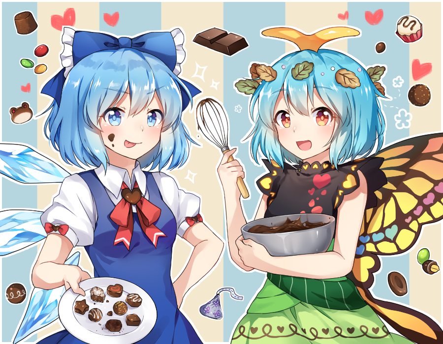 :p antennae aqua_hair bare_arms bare_shoulders black_dress blue_background blue_bow blue_dress blue_eyes blue_hair blush bow bowl bowtie breasts butterfly_wings caramell0501 chocolate cirno commentary dress eternity_larva eyebrows_visible_through_hair green_dress hair_bow hair_ornament heart holding holding_bowl holding_plate ice ice_wings leaf leaf_hair_ornament looking_at_viewer medium_breasts multicolored multicolored_clothes multicolored_dress multiple_girls open_mouth pasties plate puffy_short_sleeves puffy_sleeves red_bow red_neckwear short_sleeves sleeveless sleeveless_dress smile striped striped_background tongue tongue_out touhou upper_body v-shaped_eyebrows valentine whisk wings yellow_background yellow_eyes yellow_wings