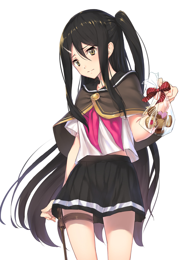 bag bangs black_hair black_sailor_collar black_skirt brown_capelet brown_eyes capelet commentary_request cookie cowboy_shot eyebrows_visible_through_hair food gift gift_bag hair_between_eyes heart holding holding_bag holding_gift kamome_yuu long_hair neckerchief one_side_up original pink_neckwear pleated_skirt sailor_collar shirt short_sleeves sidelocks simple_background skirt solo thigh_strap very_long_hair white_background white_shirt