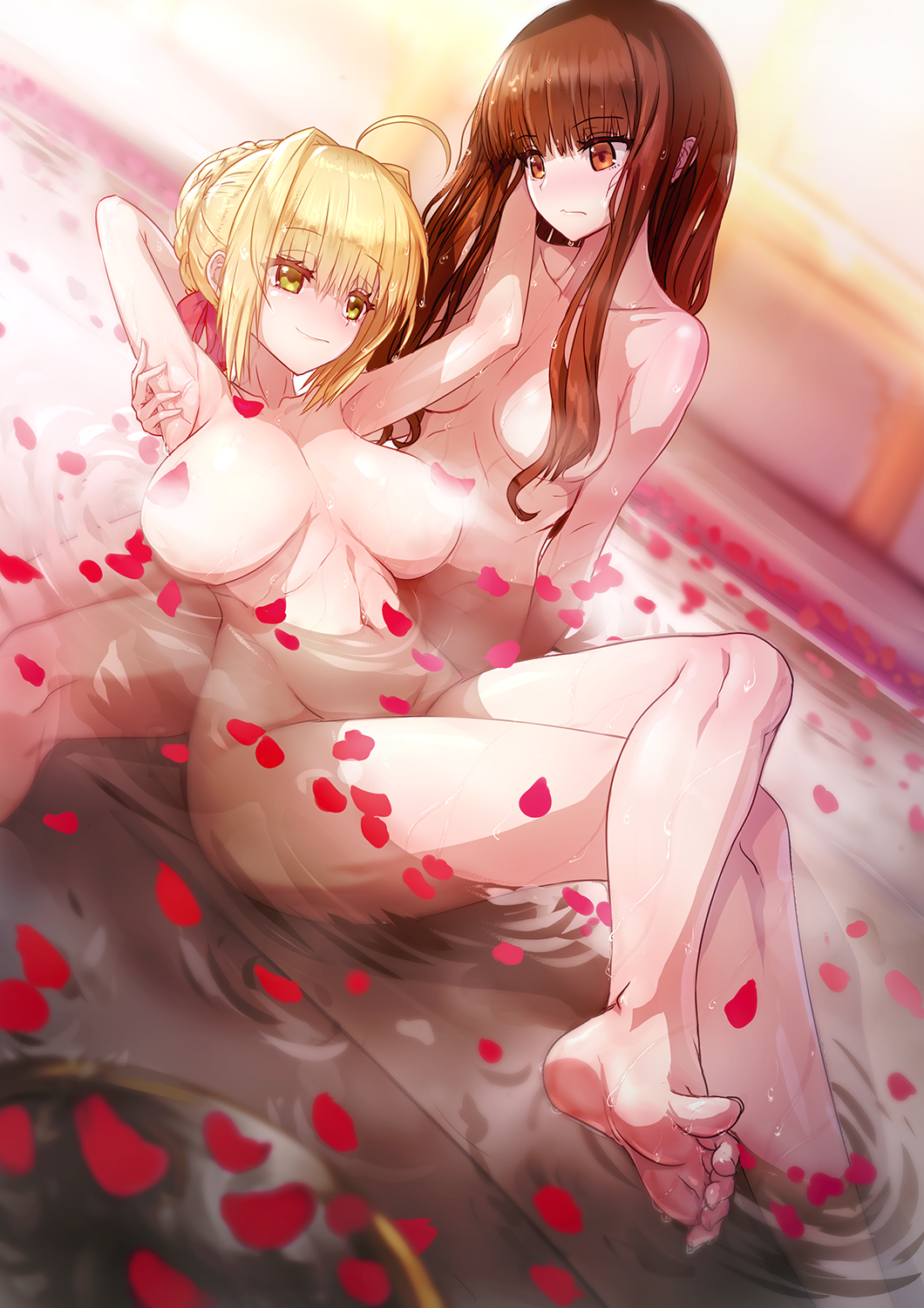 ahoge arm_behind_head armpits arms_up aya_shobon bangs barefoot bath bathing blonde_hair blunt_bangs blush breasts breasts_apart brown_eyes brown_hair closed_mouth collarbone commentary_request eye_contact eyebrows_visible_through_hair eyelashes fate/extra fate_(series) feet groin hair_between_eyes hand_on_another's_head hand_up highres kishinami_hakuno_(female) large_breasts long_hair looking_at_another lying lying_on_person lying_on_water medium_breasts multiple_girls navel nero_claudius_(fate) nero_claudius_(fate)_(all) nude on_back partially_submerged petal_censor petals petals_on_liquid rose_petals short_hair sidelocks smile soles stomach toes water wet yellow_eyes yuri