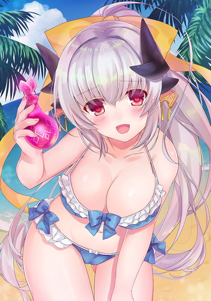 :d ass_visible_through_thighs bare_arms bare_shoulders beach bikini blue_bikini blue_bow blue_sky blush bottle bow breasts cleavage collarbone day ears_visible_through_hair eyebrows_visible_through_hair fate/grand_order fate_(series) fisheye frilled_bikini frills hair_bow head_tilt holding holding_bottle horizon horns kiyohime_(fate/grand_order) kiyohime_(swimsuit_lancer)_(fate) large_breasts leaning_forward long_hair looking_at_viewer nanahachi navel open_mouth outdoors palm_tree ponytail raised_eyebrows red_eyes sand shiny shiny_hair shore silver_hair sky smile solo standing swimsuit thigh_gap thighs tree very_long_hair water yellow_bow