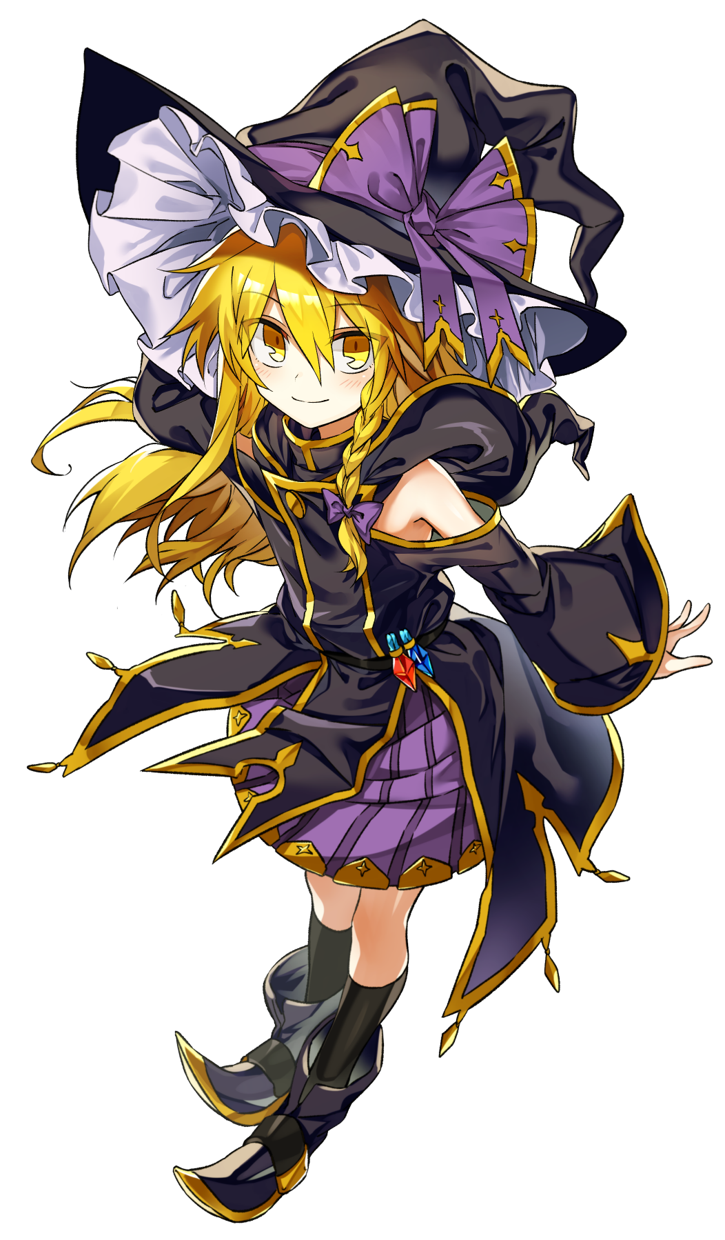 alternate_costume ankle_boots black_footwear black_hat black_legwear blonde_hair blush boots bow braid closed_mouth eyebrows_visible_through_hair gem hair_between_eyes hair_bow hat hat_bow highres kirisame_marisa kneehighs large_bow long_hair long_sleeves manarou outstretched_arm purple_bow purple_skirt rope shoulder_cutout side_braid skirt smile solo standing touhou tsurime wide_sleeves witch_hat yellow_eyes