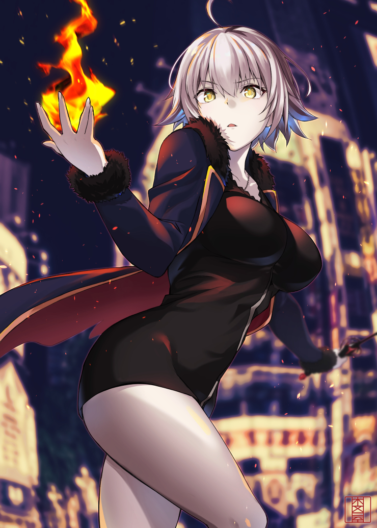 ahoge black_dress breasts coat dress embers fate/grand_order fate_(series) fire fireball full-length_zipper fur-trimmed_coat fur_trim holding holding_sword holding_weapon jeanne_d'arc_(alter)_(fate) jeanne_d'arc_(fate)_(all) large_breasts long_sleeves looking_at_viewer magic murio open_mouth parted_lips shiny shiny_hair short_dress short_hair silver_hair solo sword weapon wicked_dragon_witch_ver._shinjuku_1999 yellow_eyes zipper