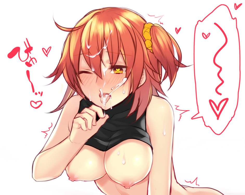 ahoge bare_arms bare_shoulders blush breasts breasts_outside clothes_lift cum cum_in_mouth cum_on_hair facial fate/grand_order fate_(series) fellatio_gesture fujimaru_ritsuka_(female) hair_between_eyes hair_ornament hair_scrunchie hanging_breasts heart heart-shaped_pupils hira_(daphne) leaning_forward medium_breasts motion_lines naughty_face nipples nose_blush one_side_up open_mouth orange_hair scrunchie shiny shiny_hair simple_background sleeveless solo speech_bubble sweatdrop symbol-shaped_pupils tongue tongue_out trembling upper_body white_background yellow_eyes yellow_scrunchie