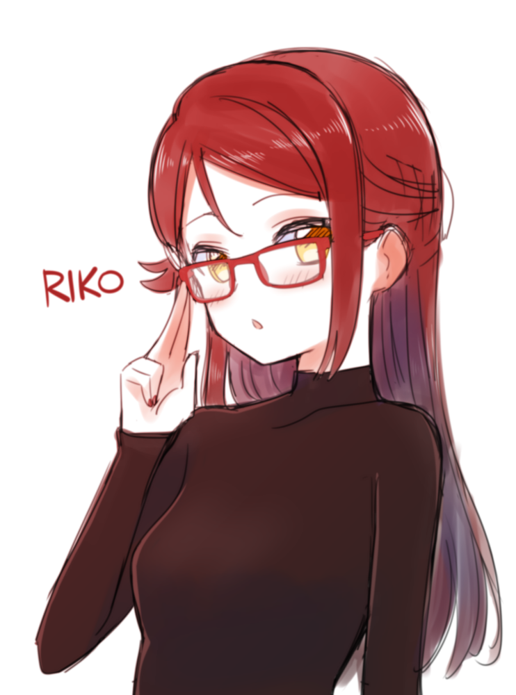 :o adjusting_eyewear bespectacled breasts brown_sweater character_name deadnooodles glasses hair_ornament hairclip long_hair long_sleeves looking_at_viewer love_live! love_live!_sunshine!! nail_polish open_mouth red-framed_eyewear red_hair red_nails sakurauchi_riko shiny shiny_hair simple_background small_breasts solo sweater upper_body white_background yellow_eyes