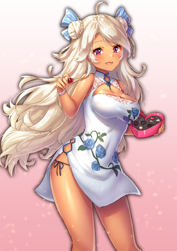 :d ahoge azur_lane bangs bare_arms bare_shoulders black_ribbon black_wings blue_ribbon box box_of_chocolates braid braided_bun breasts brooklyn_(azur_lane) chocolate chocolate_heart cleavage cleavage_cutout contrapposto double_bun dress eyebrows_visible_through_hair floral_print food gradient gradient_background hair_ribbon heart heart-shaped_box holding holding_box holding_food large_breasts light_particles looking_at_viewer open_mouth panties pensuke pink_background pink_eyes print_dress ribbon rose_print shirt side-tie_panties side_slit sleeveless sleeveless_shirt smile solo standing striped striped_ribbon swept_bangs tareme thighs underwear valentine white_dress wings wrist_cuffs