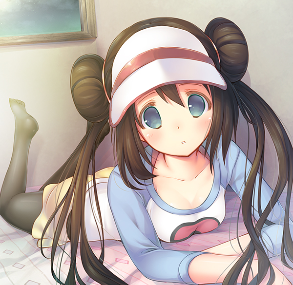 :o bed bed_sheet black_legwear blue_eyes blush breasts brown_hair cleavage collarbone double_bun dutch_angle indoors long_hair long_sleeves lying medium_breasts mei_(pokemon) murano no_shoes on_bed on_stomach pantyhose parted_lips picture_frame pokemon pokemon_(game) pokemon_bw2 raglan_sleeves shirt shorts solo tareme twintails visor_cap white_shirt yellow_shorts