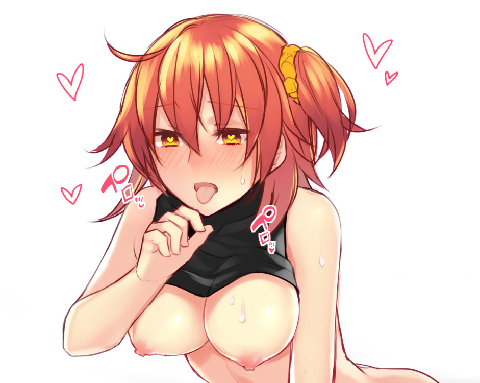 ahoge bare_arms bare_shoulders blush breasts breasts_outside clothes_lift fate/grand_order fate_(series) fellatio_gesture fujimaru_ritsuka_(female) hair_between_eyes hair_ornament hair_scrunchie hanging_breasts heart heart-shaped_pupils hira_(daphne) leaning_forward medium_breasts naughty_face nipples nose_blush one_side_up open_mouth orange_hair scrunchie shiny shiny_hair simple_background sleeveless solo sweatdrop symbol-shaped_pupils tongue tongue_out upper_body white_background yellow_eyes yellow_scrunchie