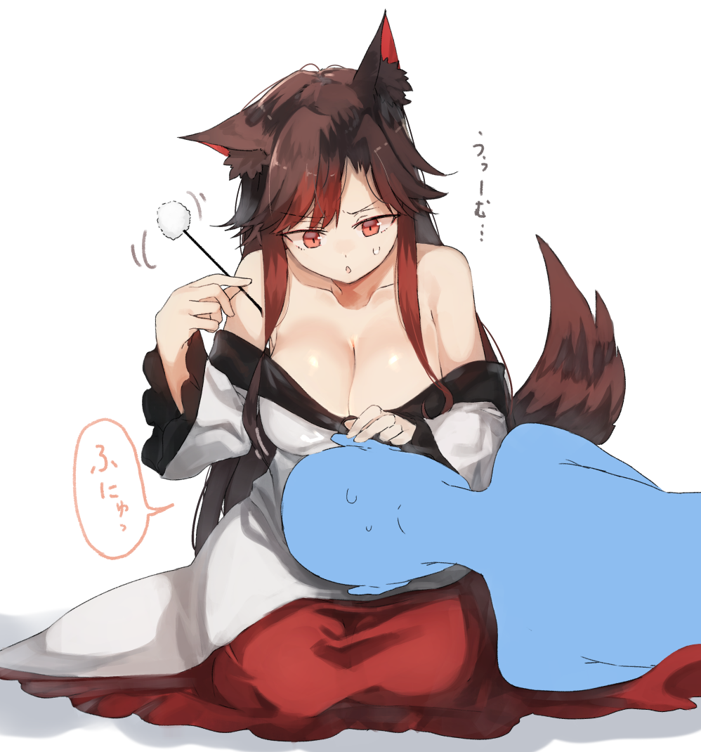 1girl animal_ears bare_shoulders breasts brown_hair cleavage collarbone commentary_request dress hand_up holding imaizumi_kagerou kasuka_(kusuki) lap_pillow large_breasts long_hair long_sleeves lying mimikaki off-shoulder_dress off_shoulder on_side parted_lips red_eyes seiza sidelocks simple_background sitting sweat sweatdrop tail touhou translation_request very_long_hair white_background wide_sleeves wolf_ears wolf_tail