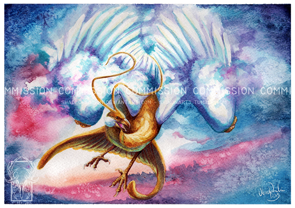 2015 altaria alternate_color bird flying gen_3_pokemon no_humans pokemon pokemon_(creature) realistic shadeofshinon shiny_pokemon signature solo traditional_media watermark web_address