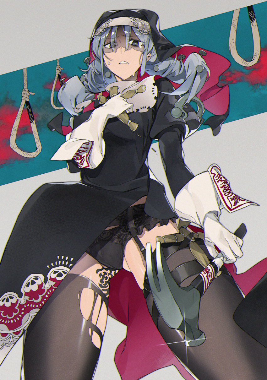 ass_visible_through_thighs black_legwear black_panties character_request cross frown gloves grey_hair habit hammer highres lingerie looking_at_viewer nail noose nun panties silver_hair solo sowichi sweat tattoo tears thighhighs torn_clothes torn_legwear twintails underwear