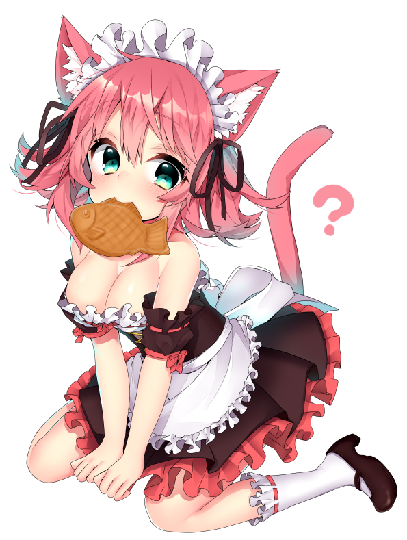 ? animal_ears apron bangs bare_shoulders black_dress bow breasts brown_footwear cat_ears cat_tail choker cleavage closed_mouth cookie detached_sleeves dress eyebrows_visible_through_hair food food_in_mouth frilled_apron frilled_legwear frills full_body green_eyes kneehighs kneeling looking_at_viewer maid maid_apron maid_headdress mary_janes medium_breasts mouth_hold nachiru original own_hands_together pink_hair puffy_short_sleeves puffy_sleeves red_bow ribbon-trimmed_legwear ribbon_choker ribbon_trim shiny shiny_hair shoes short_hair short_sleeves simple_background smile solo strapless strapless_dress tail tareme v_arms waist_apron white_apron white_background