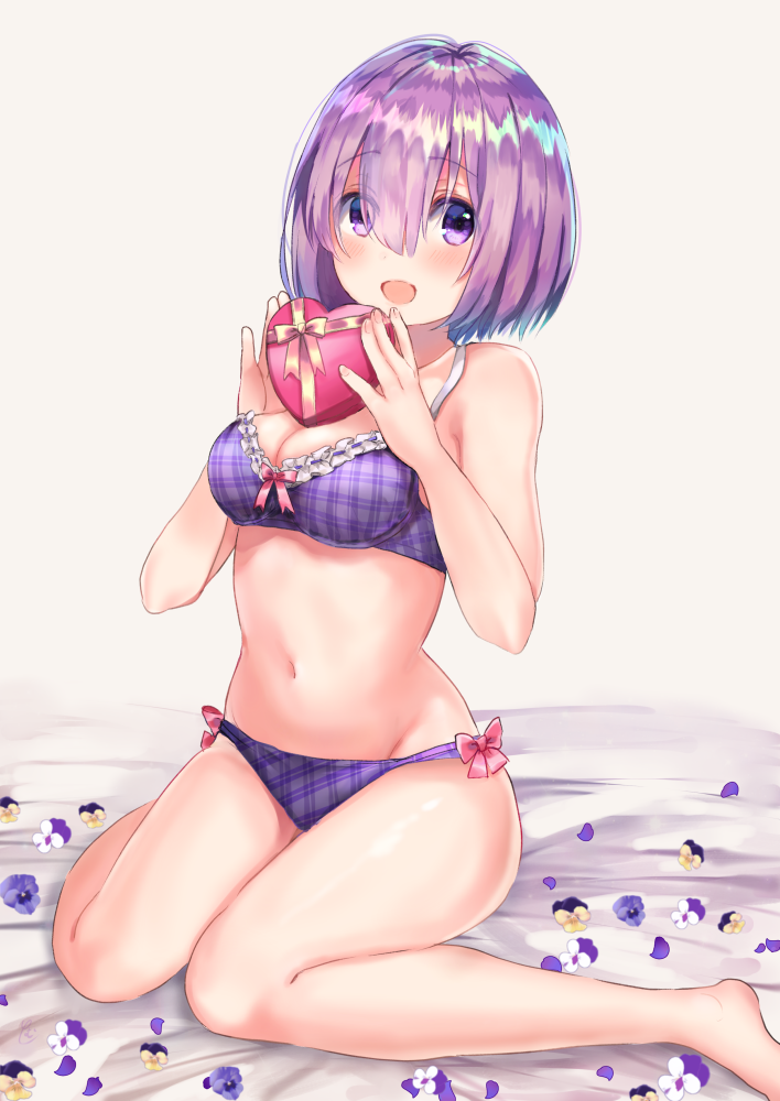 :d bangs bare_arms bare_legs bare_shoulders barefoot bed_sheet blush bow bow_bra bow_panties box bra breasts brown_background cleavage eyebrows_visible_through_hair fate/grand_order fate_(series) fingernails flower gift gift_box hair_between_eyes heart-shaped_box holding holding_gift looking_at_viewer mash_kyrielight medium_breasts navel open_mouth panties petals plaid plaid_bra plaid_panties purple_bra purple_eyes purple_flower purple_hair purple_panties short_hair sitting smile solo soramame_tomu thighs underwear underwear_only valentine wariza white_flower yellow_flower