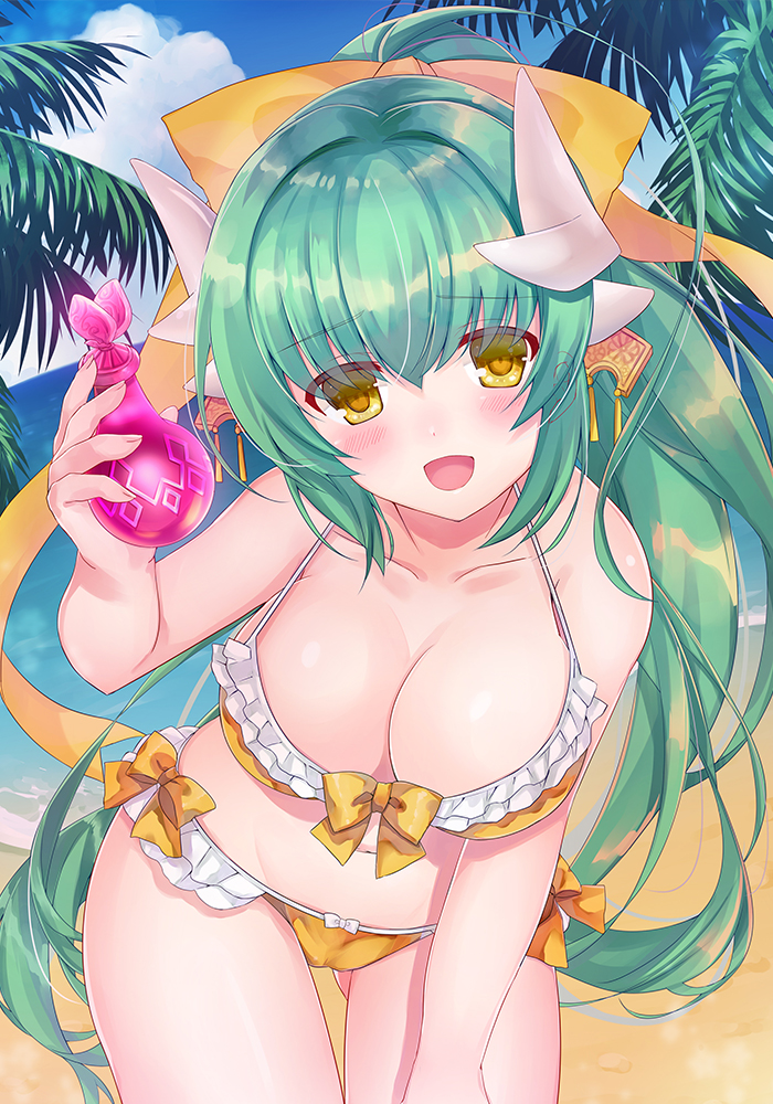 :d ass_visible_through_thighs bare_arms bare_shoulders beach bikini blue_sky blush bottle bow breasts cleavage collarbone day ears_visible_through_hair eyebrows_visible_through_hair fate/grand_order fate_(series) fisheye frilled_bikini frills green_hair hair_bow head_tilt holding holding_bottle horizon horns kiyohime_(fate/grand_order) kiyohime_(swimsuit_lancer)_(fate) large_breasts leaning_forward long_hair looking_at_viewer nanahachi navel open_mouth outdoors palm_tree ponytail raised_eyebrows sand shiny shiny_hair shore sky smile solo standing swimsuit thigh_gap thighs tree very_long_hair water yellow_bikini yellow_bow yellow_eyes
