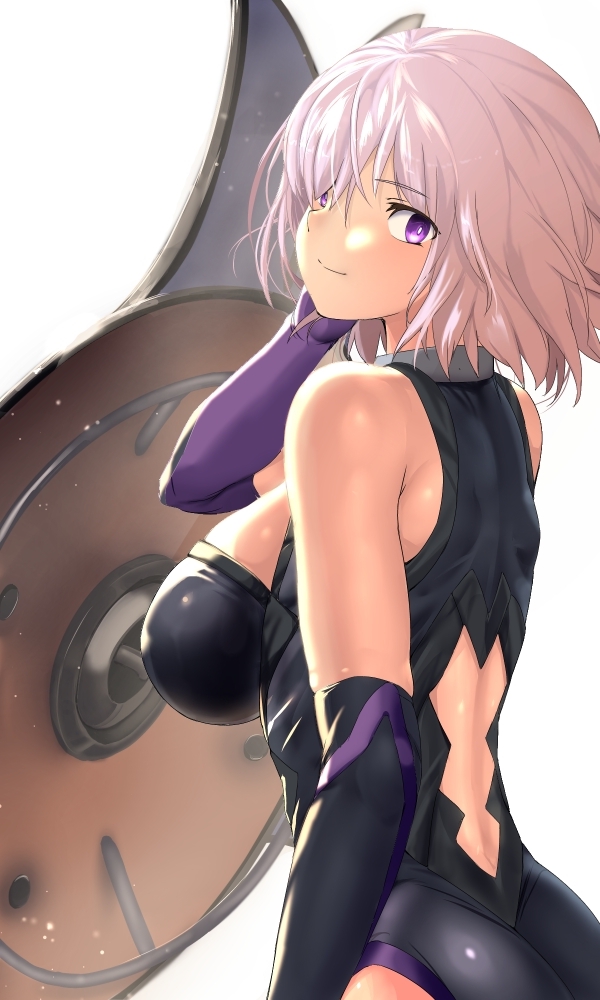 arm_at_side ass back back_cutout bangs bare_shoulders black_gloves black_leotard blurry bokeh breasts closed_mouth cowboy_shot depth_of_field elbow_gloves eyebrows_visible_through_hair fate/grand_order fate_(series) from_side gloves gorget hair_between_eyes halterneck hand_in_hair hand_up impossible_clothes impossible_leotard large_breasts leotard light_smile looking_at_viewer looking_back looking_to_the_side mash_kyrielight md5_mismatch multicolored multicolored_clothes multicolored_gloves parted_bangs pekoneko purple_eyes purple_gloves revision shield short_hair sideboob simple_background smile solo standing turtleneck white_background white_hair