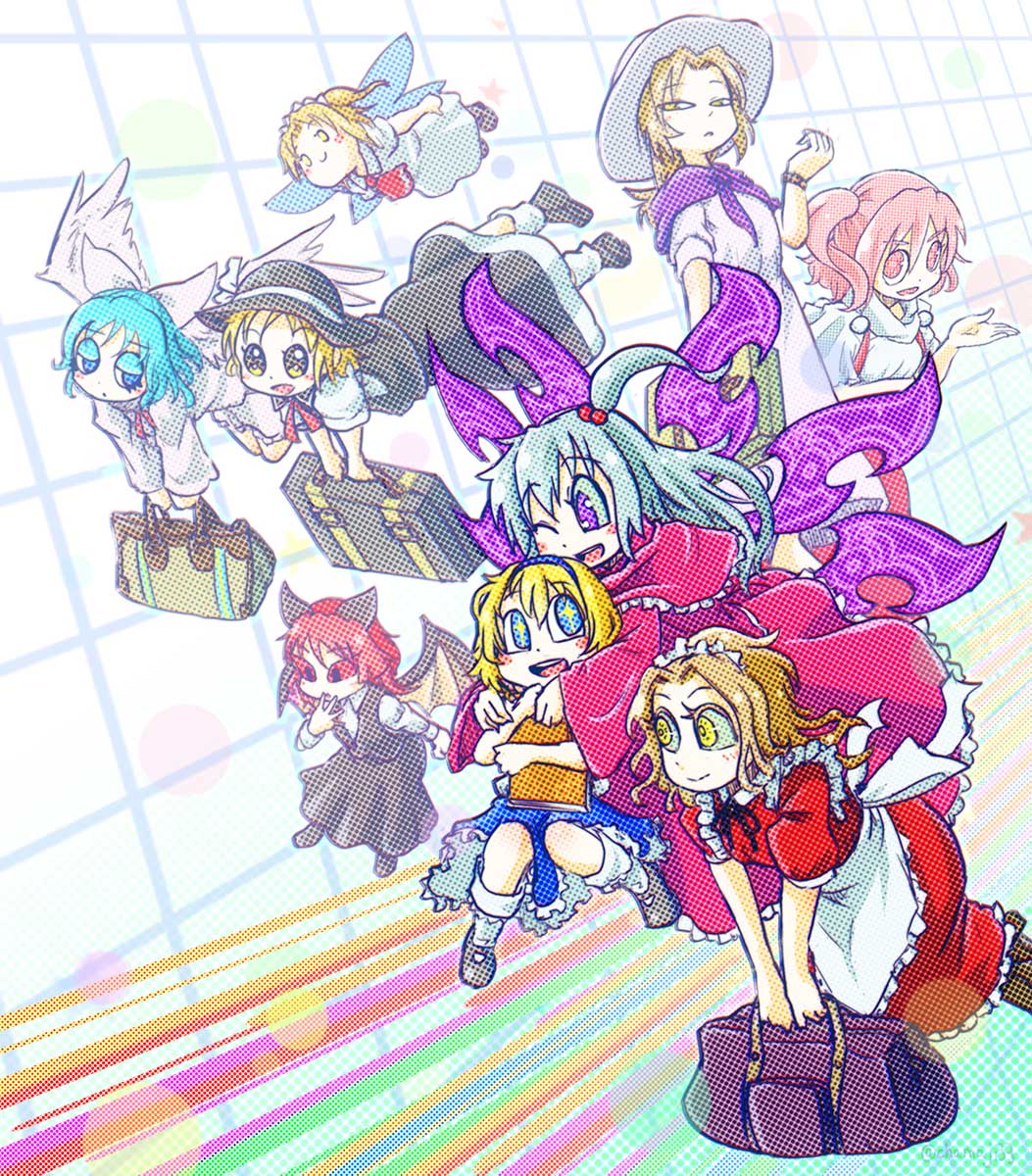 6+girls alice_margatroid alice_margatroid_(pc-98) angel_wings animal_ears apron aqua_hair ascot bat_ears bat_wings blonde_hair blue_eyes blue_hair blush_stickers book bow capelet chamaji character_request collared_shirt commentary_request fairy_wings flying frills grid_background hair_bobbles hair_ornament hairband hand_to_own_mouth hat hat_bow hat_ribbon highres hug hug_from_behind long_hair long_sleeves luggage luize mai_(touhou) maid maid_apron maid_headdress mary_janes multiple_girls mystic_square neck_ribbon one_eye_closed pink_eyes pink_hair pom_pom_(clothes) purple_eyes red_hair red_sclera ribbon round_teeth sara_(touhou) shawl shinki shirt shoes short_hair short_sleeves side_ponytail skirt skirt_set smile socks suitcase teeth touhou touhou_(pc-98) twitter_username wide_sleeves wings yellow_eyes yuki_(touhou) yumeko