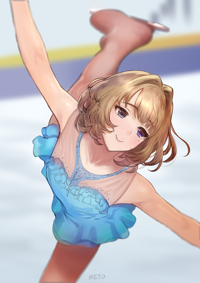 bare_shoulders blue_eyes blurry brown_hair commentary_request depth_of_field figure_skating green_eyes heterochromia ice_skates idolmaster idolmaster_cinderella_girls leg_up meto31 mole mole_under_eye outstretched_arms pantyhose partially_translated skates skating smile solo takagaki_kaede translation_request